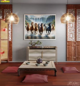 วอลเปเปอร์ลายม้าแปดตัววิ่งกลางทุ่งหญ้าพร้อมน้ำตกด้านหลัง ติดผนังห้องนั่งเล่นหรู โซฟาสีขาวหมอนแดง สร้างพลังมงคลให้บ้าน