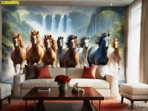 วอลเปเปอร์ลายม้าวิ่งผ่านน้ำตกในห้องสไตล์ญี่ปุ่น โต๊ะน้ำชาต่ำ โคมไฟไม้ไผ่ ฉากกั้นลายไม้ เหมาะตกแต่งสปาและห้องพักผ่อน