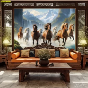 วอลเปเปอร์ภาพฝูงม้ามงคลวิ่งหน้าน้ำตกและภูเขาหิมะ ตกแต่งห้องนั่งเล่นคอนโดหรู โซฟาตัวแอลสีครีม วิวเมืองพาโนรามา เสริมโชคลาภ