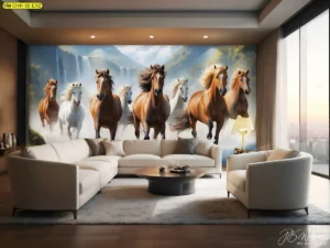 วอลเปเปอร์ลายฝูงม้ามงคลและน้ำตก ติดผนังห้องรับแขกสไตล์จีนคลาสสิก โซฟาไม้แกะสลัก โคมไฟทองเหลือง เสริมความเป็นมงคลและบารมี