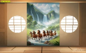วอลเปเปอร์ติดผนังห้องญี่ปุ่นลายม้า 8 ตัว วิ่งผ่านน้ำตกกลางป่าเขา ภาพมงคลเสริมความร่มเย็นและโชคลาภ