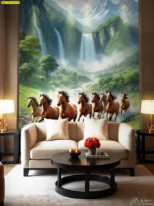 วอลเปเปอร์ภาพม้าแปดตัววิ่งกลางธรรมชาติ ผนังห้องนั่งเล่นโซฟาครีม หมอนขาว โต๊ะกลมดำ ดอกไม้สีแดงสด สร้างบรรยากาศหรูหราอบอุ่น