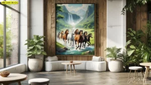 วอลเปเปอร์ติดผนังลายม้าวิ่งในทุ่งเขียวน้ำตกไหล ติดผนังล็อบบี้โรงแรม โซฟาสีขาว ต้นไม้ใหญ่ บรรยากาศโปร่งสบาย เสริมฮวงจุ้ยต้อนรับแขก