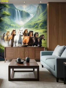 วอลเปเปอร์ติดผนังลายม้าแปดตัววิ่งผ่านน้ำตกธรรมชาติ ห้องนั่งเล่นโซฟาครีม ตู้ไซด์บอร์ดไม้ โต๊ะกลาง สร้างบรรยากาศผ่อนคลายมงคล