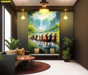 วอลเปเปอร์ภาพฝูงม้าวิ่งในทุ่งเขียวน้ำตก ติดผนังห้องรับแขกสไตล์หรู โซฟาน้ำตาลทอง โต๊ะหินอ่อน โคมไฟระย้า ต้นไม้ประดับ เสริมมงคล