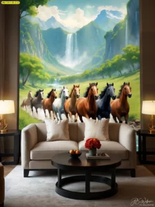วอลเปเปอร์ม้าวิ่งผ่านน้ำตกในหุบเขา ติดผนังห้องนั่งเล่นโซฟาสีฟ้า ตู้ไม้โอ๊ค พื้นไม้สีอ่อน สร้างบรรยากาศสดชื่นเสริมฮวงจุ้ยบ้าน