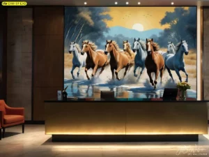 วอลเปเปอร์ห้องรับรองแขก ลายม้า 8 ตัว วิ่งในน้ำยามพระอาทิตย์ตกดิน เสริมบรรยากาศหรูหราและน่าเชื่อถือ