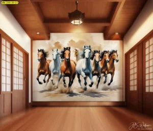 วอลเปเปอร์ลายภาพวาดสีน้ำม้า 8 ตัว สไตล์คลาสสิก ตกแต่งทางเดินไม้ในบ้าน ให้ความรู้สึกอบอุ่นและมีพลัง