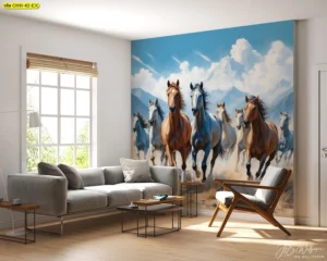 ไอเดียแต่งห้องนั่งเล่นให้ดูสว่างและกว้างขวางด้วยวอลเปเปอร์ลายม้ามงคลพื้นหลังภูเขาหิมะและท้องฟ้าครามสดชื่นสบายตา