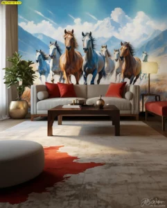 การตกแต่งห้องรับแขกสไตล์โมเดิร์นด้วยวอลเปเปอร์ลายม้ามงคลวิ่งทะยานไปข้างหน้าท่ามกลางท้องฟ้าสดใสเสริมพลังบวก