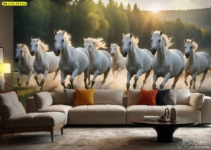 ตกแต่งผนังห้องโถงให้ดูโดดเด่นสะดุดตาด้วยวอลเปเปอร์ลายม้ามงคลสีขาวสง่างามวิ่งพุ่งไปข้างหน้าบนฉากหลังป่าไม้เขียวชอุ่มนำพาความมั่งคั่ง