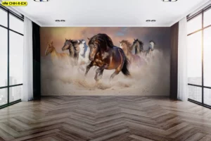 วอลเปเปอร์ภาพม้า 8 ตัว วิ่งฝ่าฝุ่นทราย แสดงถึงความมุ่งมั่นและชัยชนะ เหมาะสำหรับตกแต่งห้องโถงขนาดใหญ่