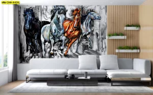 วอลเปเปอร์ติดผนังลายศิลปะรูปม้าวิ่งสามตัวโทนสีขาวดำและสีส้มตกแต่งห้องนั่งเล่นสไตล์โมเดิร์นให้ดูมีความเคลื่อนไหวและทันสมัย