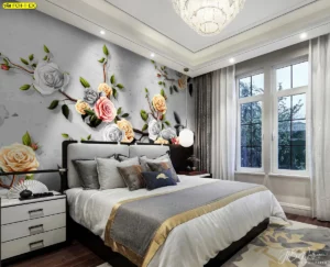 วอลเปเปอร์ฮวงจุ้ยลายจีนโมเดิร์นลายดอกไม้โทนเทา สำหรับห้องนอนหรู สร้างบรรยากาศสงบ สมดุล และผ่อนคลายตามหลักฮวงจุ้ย