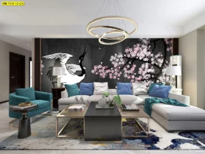 วอลเปเปอร์ฮวงจุ้ยลายจีนโมเดิร์นลายนกและซากุระ ตกแต่งห้องนั่งเล่น ช่วยเสริมความกลมกลืนและพลังชีวิตภายในบ้าน