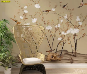 ภาพงานศิลปะดอกไม้จีนสีขาวสำหรับตกแต่งผนังบ้าน ถ่ายทอดความอ่อนโยนและสมดุลของธรรมชาติในพื้นที่อยู่อาศัย