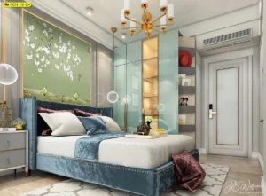 ห้องนอนหรูหราตกแต่งหัวเตียงด้วยวอลเปเปอร์ลายดอกไม้สีขาวบนพื้นหลังสีเขียวหยกเข้ากับเฟอร์นิเจอร์บิวท์อินกระจกและเตียงกำมะหยี่