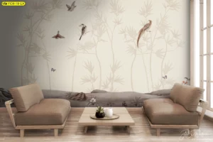 วอลเปเปอร์ฮวงจุ้ยลายจีนโมเดิร์นโทนธรรมชาติ ลายนกและไม้ไผ่ เหมาะกับห้องรับแขก สร้างบรรยากาศผ่อนคลายและสมดุล