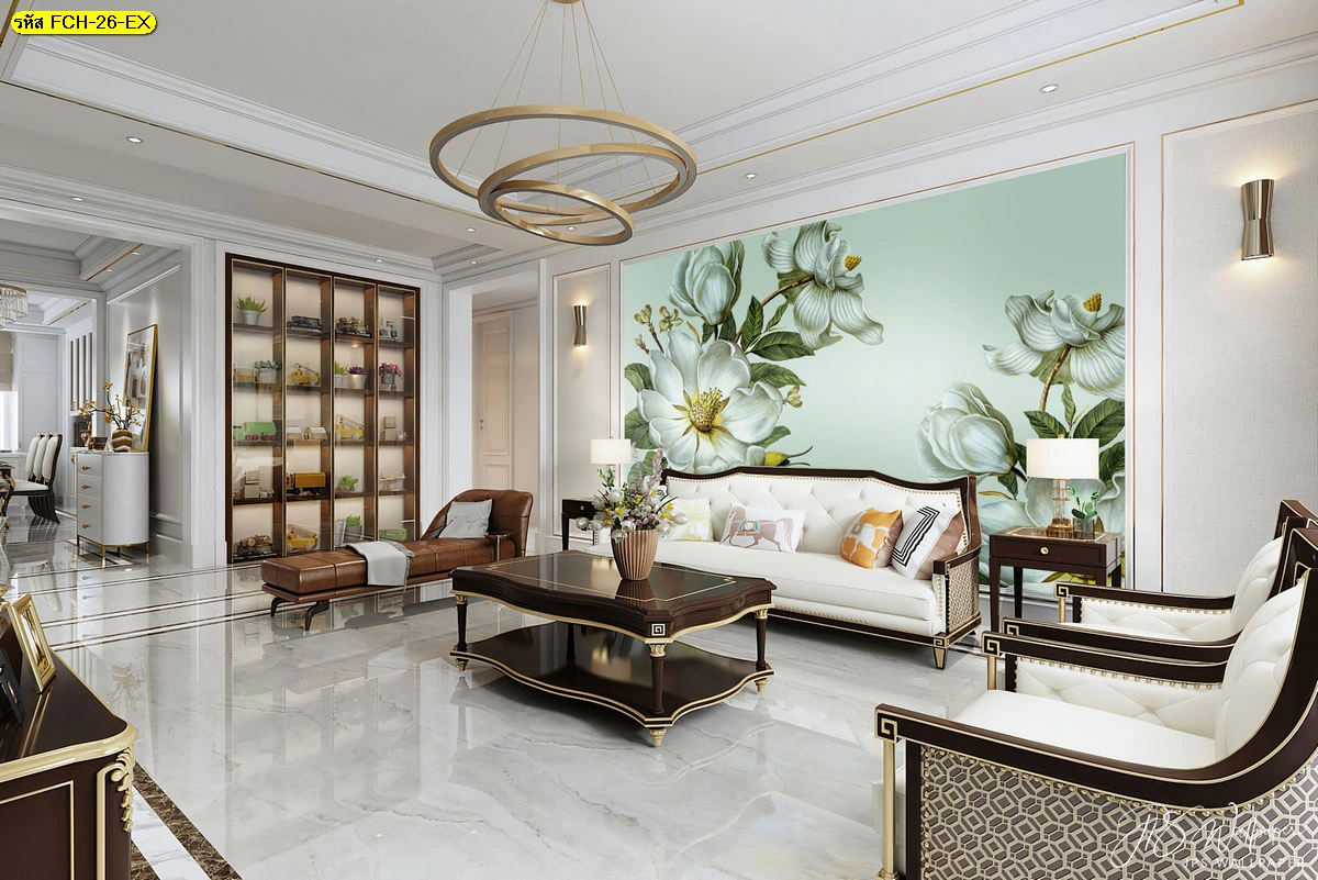 งานศิลปะตกแต่งผนังห้องรับแขกขนาดใหญ่ด้วยวอลเปเปอร์ลายดอกไม้สีขาวดอกใหญ่พิเศษให้ความรู้สึกหรูหราโอ่อ่าและกว้างขวางไม่อึดอัด