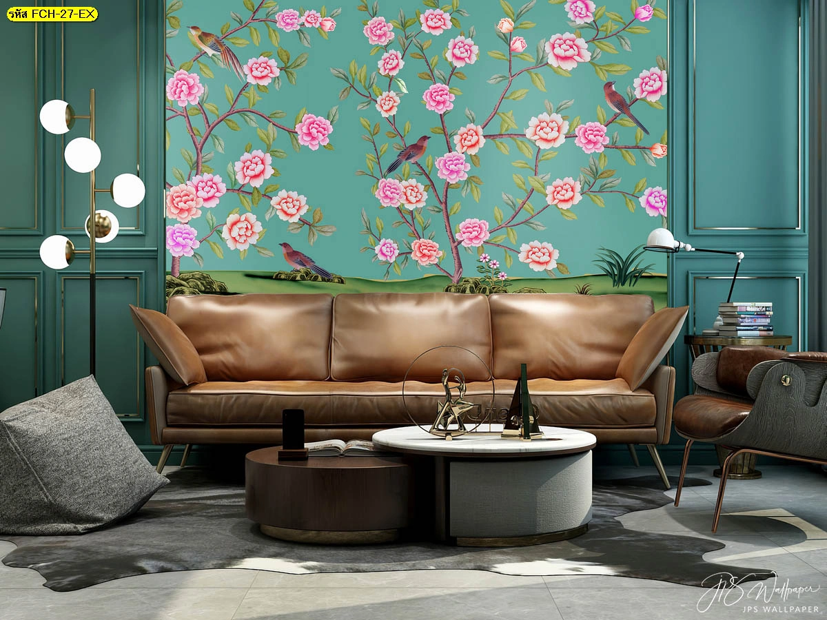 รีโนเวทห้องนั่งเล่นให้สวยแพงด้วยวอลเปเปอร์ลายดอกโบตั๋นสีชมพูบานสะพรั่งกิ่งก้านอ่อนช้อยบนพื้นหลังสีเขียวเทอร์ควอยซ์สไตล์ชิโน