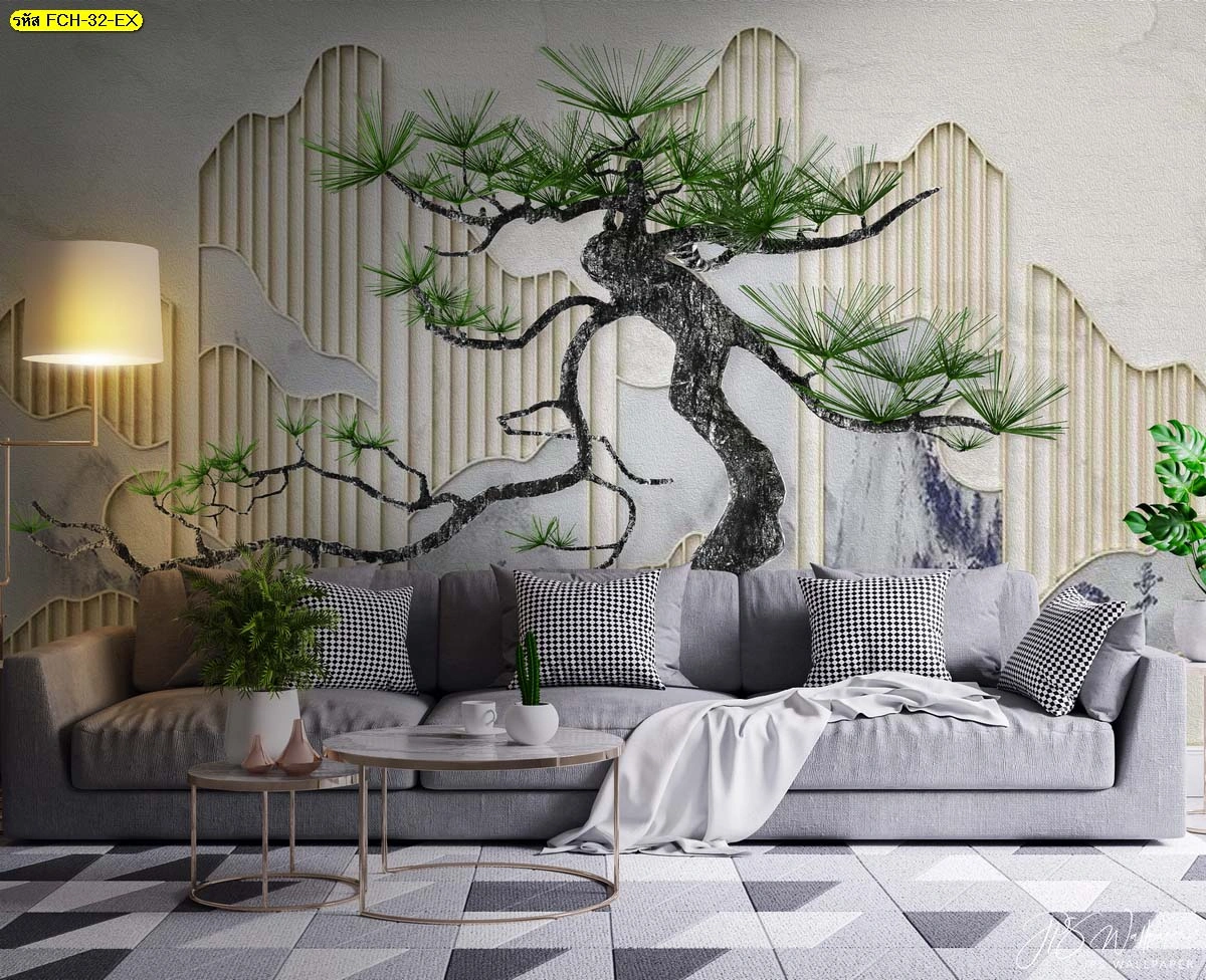 วอลเปเปอร์ฮวงจุ้ยลายจีนโมเดิร์นลายต้นสนจีนร่วมสมัย สำหรับบ้านหรู เพิ่มความมั่นคง สง่างาม และพลังบวกในพื้นที่