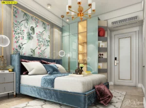 วอลเปเปอร์มงคลลายดอกไม้จีนโทนพาสเทล ติดผนังหัวเตียงคอนโดสไตล์หรู ช่วยให้ห้องนอนดูกว้างและสว่าง เหมาะสำหรับคู่รักและสายแต่งห้องที่ชอบโทนหวานโมเดิร์น