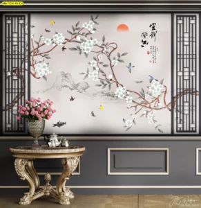 ภาพวิวดอกไม้จีนสีขาวสไตล์จิตรกรรมจีน ผสานกรอบสถาปัตย์คลาสสิก ช่วยยกระดับผนังให้เป็นงานศิลป์โดดเด่น