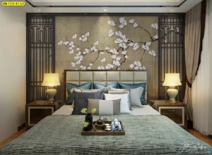 วอลเปเปอร์ลายดอกไม้จีนสีขาวตกแต่งหัวเตียง สร้างบรรยากาศสงบ เรียบหรู เหมาะกับห้องนอนสไตล์โรงแรม