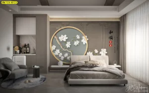 วอลเปเปอร์ดอกไม้จีนสีขาวแบบสั่งพิมพ์ตามขนาด จัดวางร่วมกับเฟอร์นิเจอร์โมเดิร์น เพิ่มภาพลักษณ์หรูให้พื้นที่