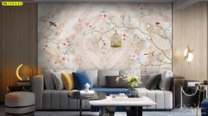 วอลเปเปอร์ฮวงจุ้ยลายดอกไม้จีนบนพื้นผิวคล้ายหินอ่อน พร้อมกรงนกมงคลกลางผนัง เติมความหรูให้ห้องนั่งเล่นคอนโด และช่วยดึงพลังดีตามหลักฮวงจุ้ยสไตล์โมเดิร์น