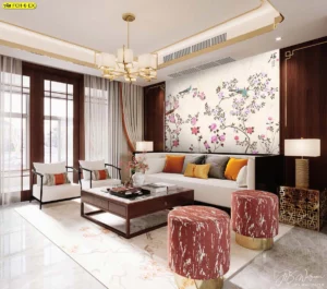 วอลเปเปอร์ฮวงจุ้ยลายดอกไม้จีนเต็มผนังห้องรับแขกสไตล์หรู ผสมเฟอร์นิเจอร์ไม้และโทนอบอุ่น เหมาะกับเจ้าของบ้านที่ต้องการห้องรับแขกต้อนรับแขกผู้ใหญ่และลูกค้า