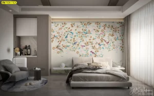 วอลเปเปอร์ฮวงจุ้ยลายดอกไม้จีนมงคลเต็มผนังห้องนอน ดีไซน์กิ่งไม้และนกหลากสี ช่วยสร้างอารมณ์ผ่อนคลาย เหมาะเป็นผนังหัวเตียงคู่รักที่ต้องการความโรแมนติก