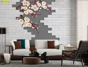 วอลเปเปอร์ฮวงจุ้ยลายจีนโมเดิร์นลายดอกเหมย สำหรับห้องรับแขก เพิ่มพลังมงคล ความอบอุ่น และภาพลักษณ์บ้านสไตล์โมเดิร์น