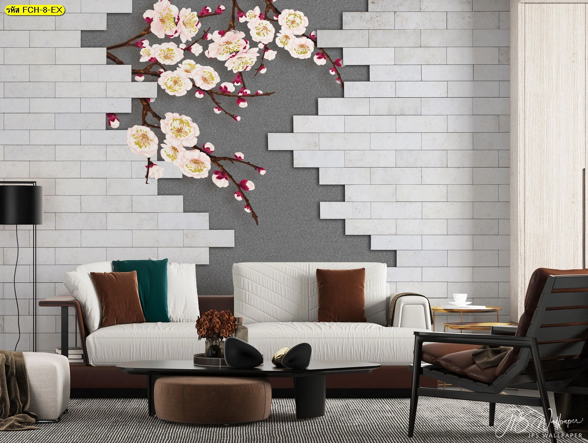 วอลเปเปอร์ฮวงจุ้ยลายจีนโมเดิร์นลายดอกเหมย สำหรับห้องรับแขก เพิ่มพลังมงคล ความอบอุ่น และภาพลักษณ์บ้านสไตล์โมเดิร์น