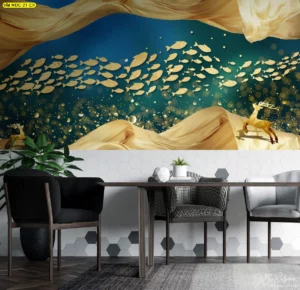 ภาพกราฟิกติดผนังลายฝูงปลาทองว่ายเป็นเกลียวคลื่นพร้อมกวางสีทองบนพื้นหลังสีน้ำเงินเข้มและผืนผ้าพลิ้วไหว