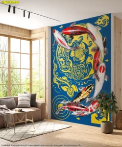 ภาพพิมพ์ปลาคาร์ฟลายเส้นไทยประยุกต์และสีสันแบบโมเดิร์นช่วยให้บ้านดูมีสไตล์ที่ไม่ซ้ำใคร