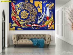 วอลเปเปอร์ลายปลาคาร์ฟหรูหรางานลายเส้นศิลปะร่วมสมัยพื้นหลังน้ำเงินทองสำหรับตกแต่งทางเดินบ้านและคอนโดสมัยใหม่