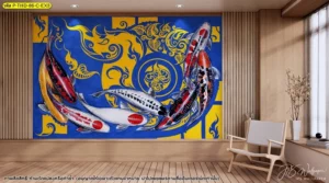 ภาพสั่งพิมพ์วอลเปเปอร์ปลาคาร์ฟพื้นหลังสีน้ำเงินเข้มลายไทยประยุกต์สีเหลืองทองหรูหราตกแต่งผนังห้องสไตล์มินิมอล