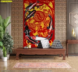 ภาพติดผนังแต่งห้องรับแขกลายปลาคาร์ฟหรูหราสไตล์ไทยประยุกต์สีแดงส้มเสริมบารมีและโชคลาภบนผนังไม้ฉลุสุดประณีต