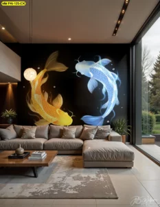 ภาพห้องนั่งเล่นโซฟาเข้ามุมสีน้ำตาลเทา ใช้วอลเปเปอร์ปลาคาร์ฟแต่งห้องรับแขกพื้นหลังดำ ปลาคาร์ฟทองและฟ้าขนาดใหญ่ ทำให้ผนังห้องดูมีมิติหรูหรา เหมาะสำหรับบ้านเดี่ยวและทาวน์โฮมที่ต้องการอัปเกรดบรรยากาศทันที