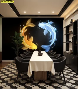 ห้องรับประทานอาหารสไตล์โมเดิร์นโทนขาวดำ ใช้วอลเปเปอร์ปลาคาร์ฟแต่งห้องรับแขกปลาคาร์ฟคู่บนพื้นหลังดำด้านหลังโต๊ะยาว ช่วยสร้างบรรยากาศหรูสำหรับรับรองแขกและลูกค้า เหมาะกับโฮมออฟฟิศและร้านอาหารฟีลลักชัวรี