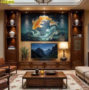 แบบห้องนั่งเล่นหรูหราผสมผสานตู้ไม้บิ้วอินกับภาพมงคลปลาคาร์ฟหยินหยางว่ายวนเป็นวงกลมช่วยปรับสมดุลพลังงานในบ้าน