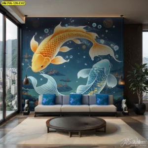 วอลเปเปอร์สั่งทำขนาดใหญ่ลายปลาคาร์ฟจักรพรรดิสีทองและสีเงินในห้องรับแขกวิวภูเขาเสริมความมั่งคั่งและความยิ่งใหญ่