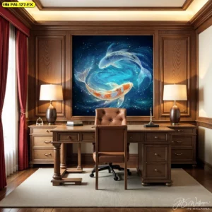 ภาพห้องทำงานผู้บริหารตกแต่งด้วยเฟอร์นิเจอร์ไม้คลาสสิกพร้อมภาพติดผนังปลาคาร์ฟคู่ว่ายวนสีฟ้าครามเสริมฮวงจุ้ยด้านการงาน