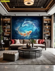 ตกแต่งห้องอ่านหนังสือด้วยภาพกราฟิกปลาคาร์ฟศิลปะหมุนวนสวยงามบนผนังสีเข้มเหมาะสำหรับผู้ที่ต้องการสมาธิและปัญญา
