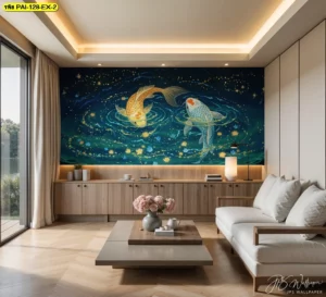 ตกแต่งผนังทีวีด้วยภาพศิลปะลายปลาคาร์ฟบนพื้นน้ำสีเขียวมรกตตัดกับแสงไฟวอร์มไวท์ช่วยให้ห้องดูอบอุ่นและมีระดับ