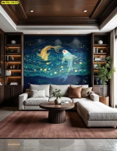 ห้องนั่งเล่นดีไซน์ร่วมสมัยประดับผนังด้วยภาพวาดดิจิตอลปลาคาร์ฟคู่ว่ายน้ำท่ามกลางดอกบัวเรืองแสงสวยงามสะดุดตา