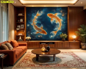 มุมพักผ่อนริมหน้าต่างตกแต่งผนังด้วยภาพวอลเปเปอร์ฝูงปลาคาร์ฟสีส้มทองว่ายในน้ำสีครามสร้างบรรยากาศผ่อนคลายสบายตา