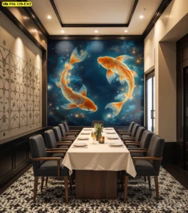 บรรยากาศห้องรับประทานอาหารสุดหรูติดตั้งวอลเปเปอร์ลายปลาคาร์ฟคู่ยักษ์สีทองบนพื้นหลังสีน้ำเงินส่งเสริมความสัมพันธ์ในครอบครัว