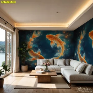 ไอเดียแต่งห้องนั่งเล่นสไตล์โมเดิร์นด้วยวอลเปเปอร์ลายปลาคาร์ฟสีทองบนพื้นหลังกาแล็กซี่สีน้ำเงินเข้มช่วยดึงดูดโชคลาภ